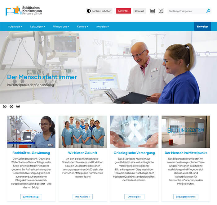 Screenshot der Website des St&auml;dtischen Krankenhaus Pirmasens